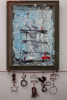 nigel mullins. goddess of democracy 1989 2017 oil on superwood and frame with copper medals 147 x 76 cm