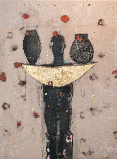 GUY FERRER, Porte Lune (Holding the Moon)
Mixed media and goldleaf on canvas