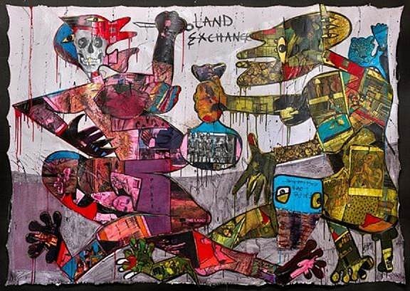 Blessing Ngobeni, Land Exchange, acrylic and collage on canvas, 233 x 161 cm