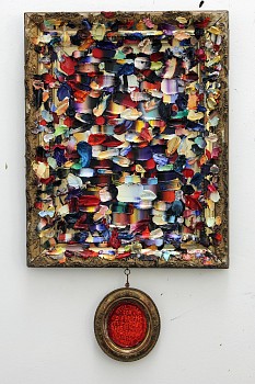 Effigy for a Gathering, 2019, oil on supawood, frames and copper wire, 102 x 59 cm