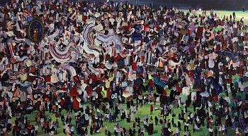 Gathering in Hyde Park, 2019, oil on canvas and wood panel with metal frame, 120 x 220 cm