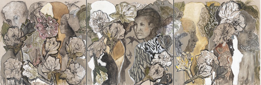 SHANY VAN DEN BERG, Nymphs, Naiades, Goddesses<br />
charcoal, ink, watercolour, oil and linen collage on linen