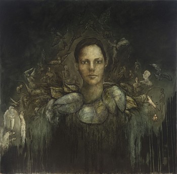 Shany van den Berg, To Feel and Hear Their Voices, pencil, charcoal, collage and oil on board,130 x 130 cm