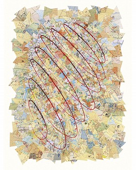 Distant Coil 2019 Reconfigured Map fragments on Acrylic Polyurethane Ground and Canvas 60 x 50 cm