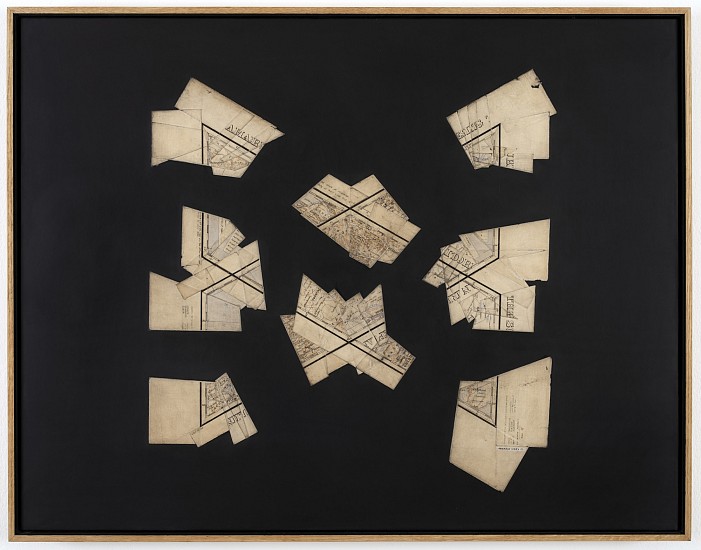 GERHARD MARX, CROSSING
RECONFIGURED MAP FRAGMENTS ON ACRYLIC-POLYURETHANE GROUND AND CANVAS