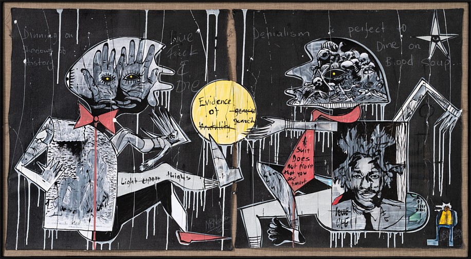 BLESSING NGOBENI, Dining on Blood Soup
Mixed Media on paper (diptych)