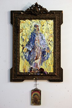 madonna of sublime secular pluralism & brilliant autonomy 2024 oil on panel and frame with glass picture frame and oil on paper 115 x 59 cm