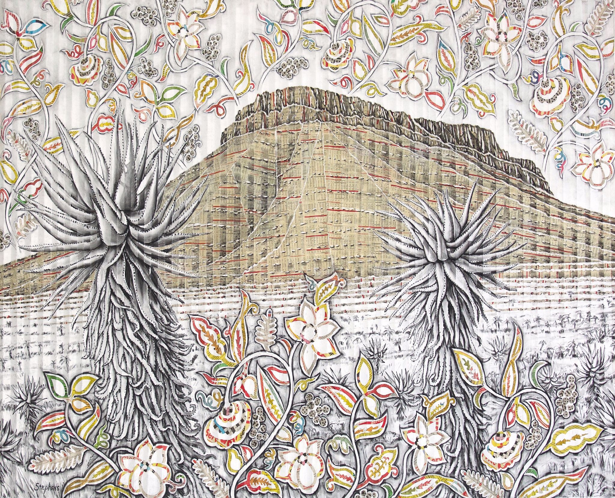 stephens afternoon light on graaff reinet aloes 114 x 140cm charcoal and newsprint collage on folded arches paper 2024.