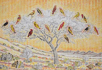 sparrow weaver acacia kalahari 78 x 114 cm chalk pastel newsprint collage and charcoal on paper