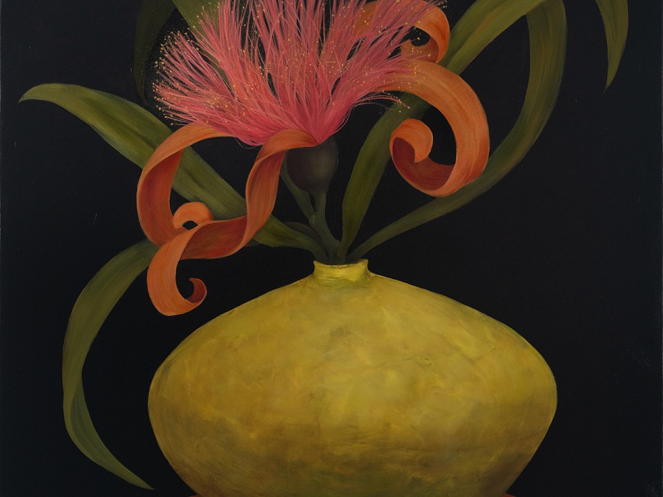 Shany van den Berg Curls and swirls in yellow vase, oil on linen, 100 x 100 cm LR (c) Mike Hall