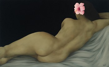 Shany van den Berg, Woman with pink hibiscus, oil on linen, 40 x 72 cm LR (c) Mike Hall