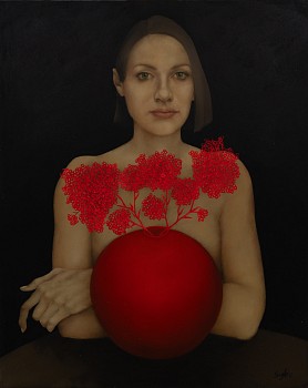 Shany VDB, I arranged her red roses for insomnia, oil on board, 50 x 40 cm LR (c) Mike Hall