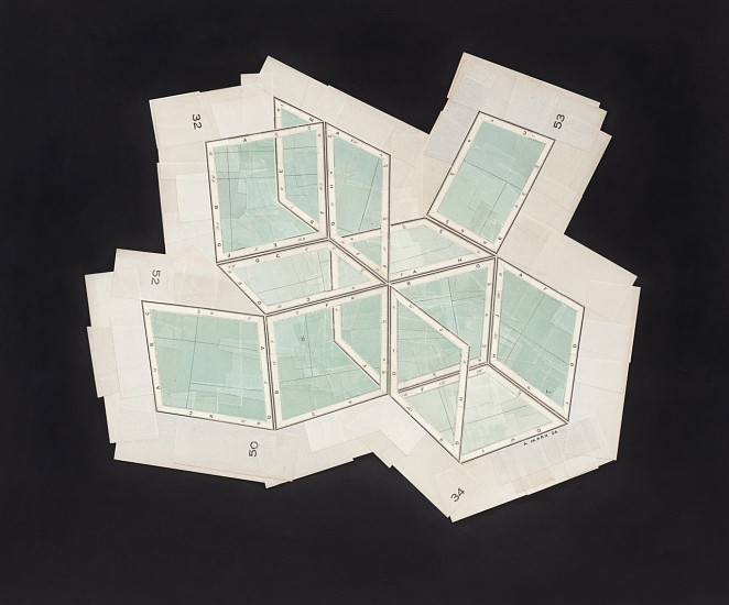 GERHARD MARX, Composite Cartographies (Open spaces I)
reconfigured map fragments on acrylic ground and cotton paper