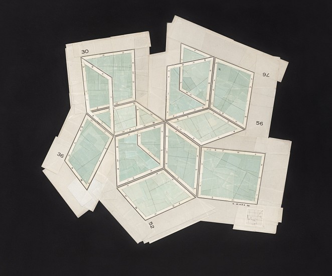 GERHARD MARX, Composite Cartographies (Open spaces II)
reconfigured map fragments on acrylic ground and cotton paper