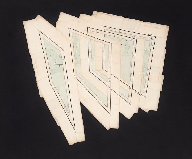 GERHARD MARX, Composite Cartographies (The same space four times)
reconfigured map fragments on acrylic ground and cotton paper