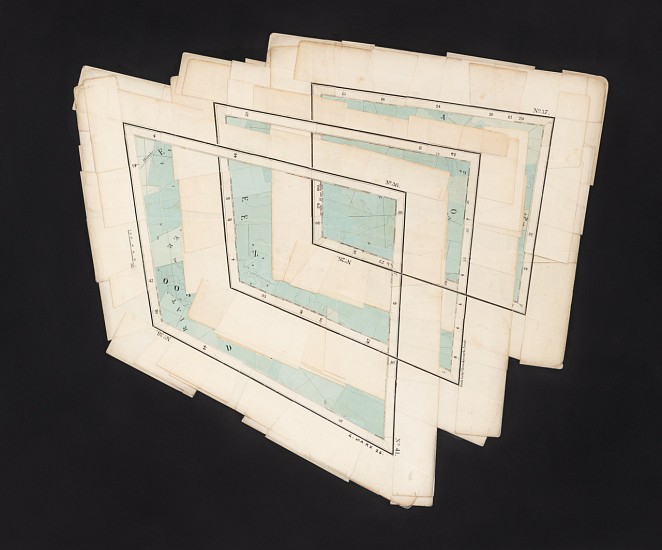 GERHARD MARX, Composite Cartographies (The same space three times)
reconfigured map fragments on acrylic ground and cotton paper