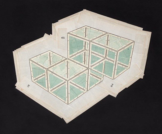 GERHARD MARX, Composite Cartographies (What the cube is to the square I)
reconfigured map fragments on acrylic ground and cotton paper
