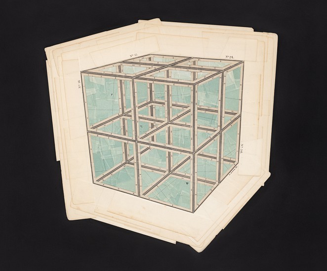 GERHARD MARX, Composite Cartographies (What the cube is to the square II)
reconfigured map fragments on acrylic ground and cotton paper