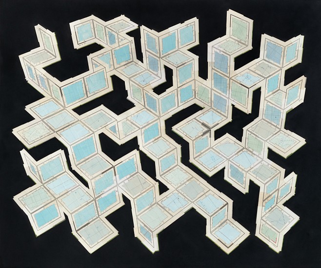 GERHARD MARX, Unfolding (A thing that exists in the space that it describes)
reconfigured map fragments on canvas