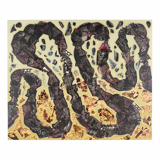EMALIE BINGHAM, Trajectory
linocut, oil and ink collage on canvas